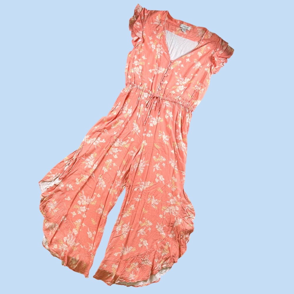 YIREH Jumpsuit Woman L Pink Floral Ruffle Wide Leg Boho Summer Tropical Beachy